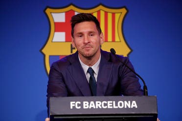 Soccer Football - Lionel Messi holds an FC Barcelona press conference - 1899 Auditorium, Camp Nou, Barcelona, Spain - August 8, 2021 Lionel Messi during the press conference (Reuters)