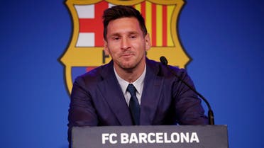  Football - Lionel Messi holds an FC Barcelona press conference - 1899 Auditorium, Camp Nou, Barcelona, Spain - August 8, 2021 Lionel Messi during the press conference REUTERS/Albert Gea