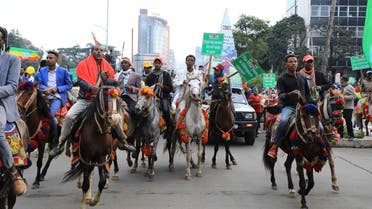  Thousands of Ethiopians from the capital and surrounding areas head to Meskel Square on August 8, 2021, to rally against the Tigray People’s Liberation Front (TPLF) under the motto “I march to Save Ethiopia” and renew commitments to support the national army. (AP)