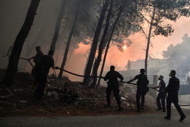 Police officers help firefighters to extinguish a fire in Thrakomakedones, near Mount Parnitha, north of Athens, on August 7, 2021. (File photo: AFP)
