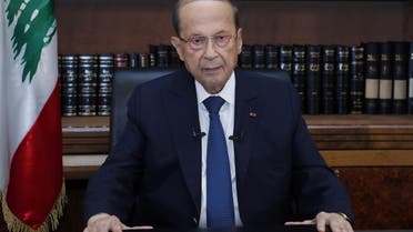 Lebanon's President Michel Aoun sits inside the presidential palace on the eve of the first anniversary of Beirut port explosion, in Baabda, Lebanon August 3, 2021. (Reuters)