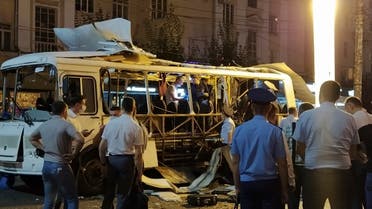 Police and investigators work at a side of an explosion on a city bus in Voronezh, about 450 kilometers (280 miles) south of Moscow, Russia, on August 12, 2021. (Reuters)