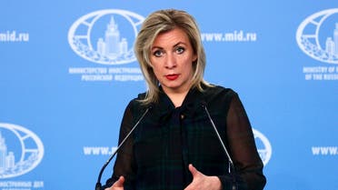 Russian Foreign Ministry spokesperson Maria Zakharova gestures while speaking during the briefing about foreign policy in Moscow, March 12, 2021. (AP)