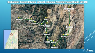 شبکه تونل‌های حزب‌الله طبق گزارش مرکز آلما 