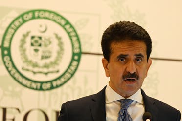 Zahid Hafeez Chaudhri, spokesman of Pakistan's Foreign Ministry addresses a media briefing in Islamabad on July 15, 2021. (AFP)