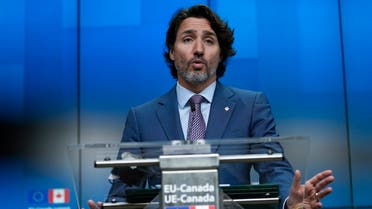 Canada's Prime Minister Justin Trudeau speaks during a media conference at the end of an EU-Canada summit at the European Council building in Brussels, Tuesday, June 15, 2021.  (AP)
