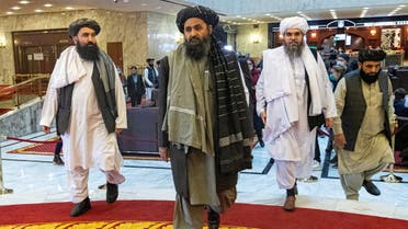 Mullah Abdul Ghani Baradar, the Taliban's deputy leader and negotiator, and other delegation members attend the Afghan peace conference in Moscow, Russia March 18, 2021. (Reuters)