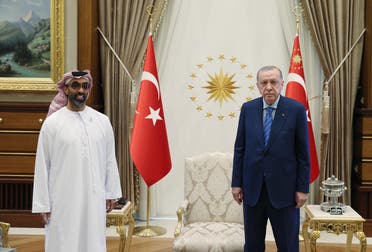 Turkey’s President Erdogan receives the UAE’s National Security Adviser Sheikh Tahnoun bin Zayed Al Nahyan, Turkey, August 18, 2021. (Turkish Presidency via Twitter)