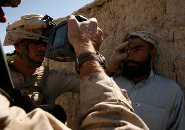 U.S. Marines use Hide's camera to scan the fingerprints and iris of an Afghani villager during a patrol to collect information on villagers close to Barcha village in Helmand province, October 11, 2009. (Reuters)