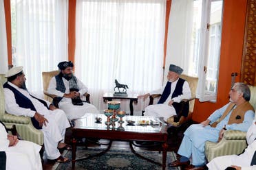 Former Afghan President Hamid Karzai and the chairman of the High Council for National Reconciliation, Abdullah Abdullah, meet with Abdul Rahman Mansour, the acting governor of Kabul for the Taliban. (Twitter/DrabdullahCE)