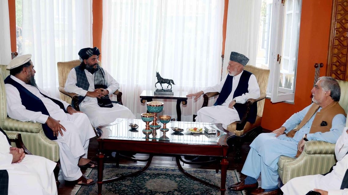 Former Afghan President Hamid Karzai and the chairman of the High Council for National Reconciliation, Abdullah Abdullah, meet with Abdul Rahman Mansour, the acting governor of Kabul for the Taliban. (Twitter/DrabdullahCE)