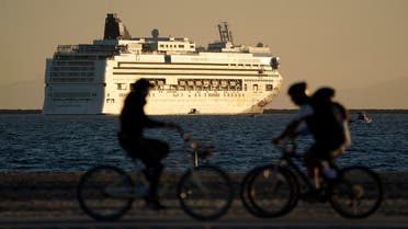 A cruise ship is parked just off the coast of Long Beach, California, on November 9, 2020. (AP)