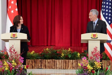 US Vice President Kamala Harris and Singapore's Prime Minister Lee Hsien Loong hold a joint news conference in Singapore, on August 23, 2021. (Reuters)