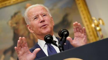 US President Joe Biden gestures as he speaks about Hurricane Henri and the evacuation of Afghanistan in the Roosevelt Room of the White House in Washington, DC, US, August 22, 2021. (Reuters)