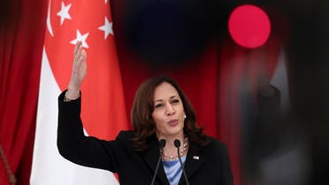 US Vice President Kamala Harris and Singapore's Prime Minister Lee Hsien Loong (not pictured) hold a joint news conference in Singapore, on August 23, 2021. (Reuters)