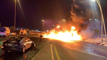 A photo tweeted by the official Mecca government account showing a large fire on the Mecca-Jeddah highway after a petroleum truck was involved in a traffic accident. (Twitter)