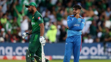 Afghanistan Rashid Khan reacts in an image taken during the Pakistan v Afghanistan match of the 2019 ICC World Cup in Headingley, Leeds, Britain on June 29, 2019. (Reuters)