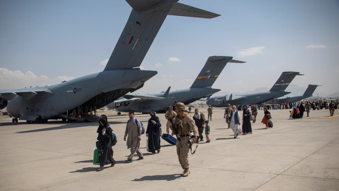Members of the UK Armed Forces continue to take part in the evacuation of entitled personnel from Kabul airport, in Kabul, Afghanistan August 19-22, 2021, in this handout picture obtained by Reuters on August 23, 2021. (Reuters)