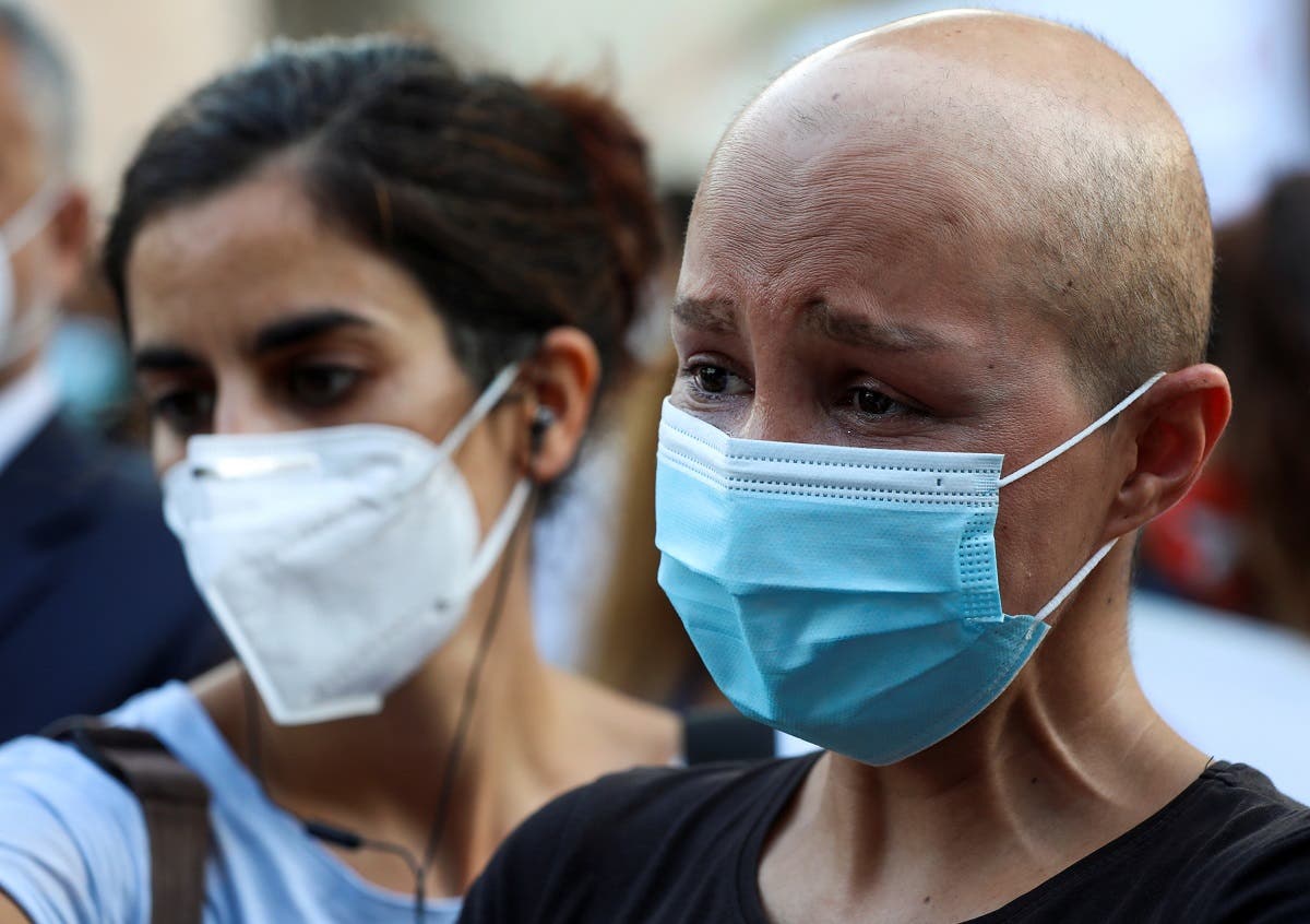 Engineer Bahaa Costantine, a cancer patient, reacts during a sit-in demonstration as shortages of cancer medications spread, in front of the UN headquarters in Beirut, Lebanon August 26, 2021. (Reuters)