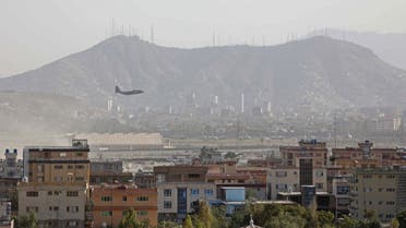 A military aircraft takes off from the military airport in Kabul on August 27, 2021. (AFP)