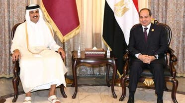 Egypt’s President Abdel Fattah al-Sisi met Qatar’s Emir Sheikh Tamim bin Hamad al-Thani in Baghdad. (Egyptian Presidency)