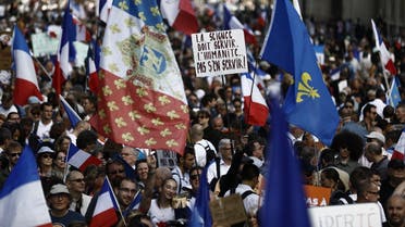 Protesters holding French flags and the fleur-de-lys royalist symbol take part in a rally called by the French nationalist party “Les Patriotes” (The Patriots) against the compulsory COVID-19 vaccination for certain workers and the mandatory use of the health pass, in Paris on August 28, 2021.  Sameer Al-Doumy/AFP)