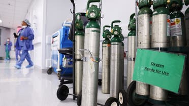 Oxygen tanks are ready for use on a floor dedicated to COVID-19 patients at Lake Charles Memorial Hospital on August 10, 2021 in Lake Charles, Louisiana. (AFP)