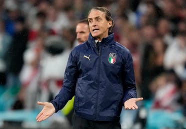 Italy coach Roberto Mancini reacts as England manager Gareth Southgate looks on during the Euro 2020 Final between Italy and England at Wembley Stadium, London, Britain, July 11, 2021. (Pool via Reuters/Frank Augstein)