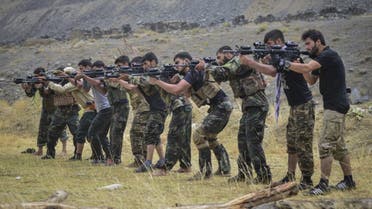 Afghan resistance movement and anti-Taliban uprising forces take part in a military training in Panjshir province on August 30, 2021. (AFP)