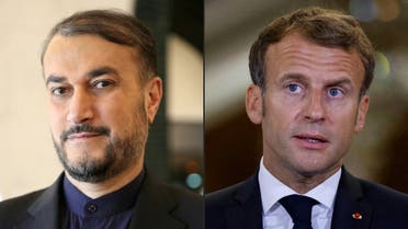 This combination of pictures created on August 31, 2021 shows (L to R) Iran’s then-special parliamentary aide on international affairs Amir Abdollahian during the Rafidain Center for Dialogue (RCD) Forum in Baghdad on February 4, 2019; and French President Emmanuel Macron during a diplomatic meeting in Baghdad on August 28, 2021. (Sabah Arar, Ludovic Marin/AFP/Pool)