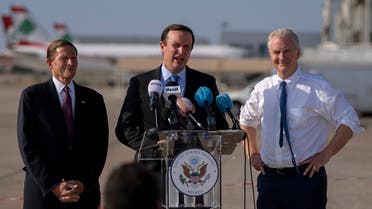 Sen. Chris Murphy, center, Sen. Chris Van Hollen, right, and Sen. Richard Blumenthal, attend a press conference at the Beirut airport, Sept. 1, 2021. (AP)