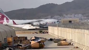 A Qatari aircraft lands in Kabul carrying a technical team to discuss the resumption of airport operations after the Taliban takeover of Afghanistan. (Screengrab)