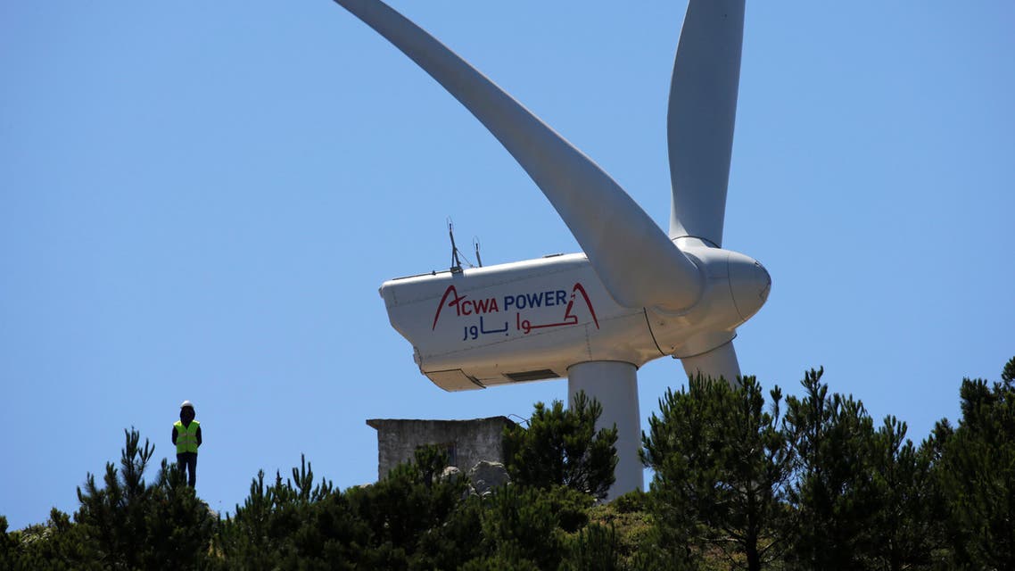 A Saudi Acwa Power-generating windmill is pictured in Jbel Sendouq, on the outskirts of Tangier, Morocco. (Reuters)