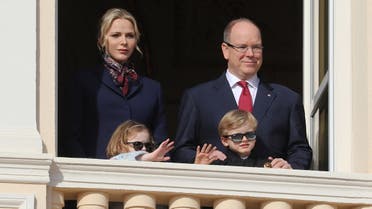 Prince Albert II of Monaco, Princess Charlene of Monaco, Prince Jacques and Princess Gabriella appear on the palace's balcony in Monaco on January 27, 2020. (Valery Hache/AFP)