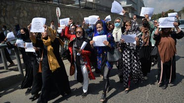 Afghan women take part in a protest march for their rights under the Taliban rule in the downtown area of Kabul on September 3, 2021. (AFP)