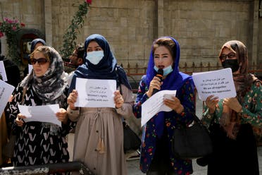  Women gather to demand their rights under the Taliban rule during a protest in Kabul, Afghanistan, Friday, Sept. 3, 2021. As the world watches intently for clues on how the Taliban will govern, their treatment of the media will be a key indicator, along with their policies toward women. When they ruled Afghanistan between 1996-2001, they enforced a harsh interpretation of Islam, barring girls and women from schools and public life, and brutally suppressing dissent. (File photo: AP)