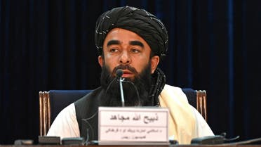 Taliban spokesman Zabihullah Mujahid speaks during a press conference in Kabul on August September 6, 2021. The Taliban on September 6, 2021 said that any insurgency against their rule would be hit hard, after earlier saying they had captured the Panjshir Valley -- the last pocket of resistance.