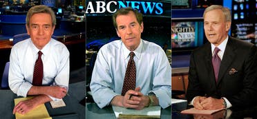 Dan Rather poses in a CBS studio in New York on Feb. 20, 2001, left, Peter Jennings poses on the set of ABC's World News Tonight in New York on Feb. 5, 2001, center, and NBC Nightly News anchor Tom Brokaw delivers his closing remarks during his final broadcast, in New York on Dec. 1, 2004. (AP)