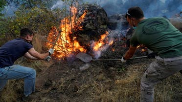 Volunteers try to extinguish a wildfire burning in the village of Navalmoral, Spain, August 16, 2021. (Reuters)