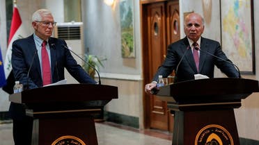 Iraqi Foreign Minister Fouad Hussein speaks during a news conference with European Union foreign policy chief Josep Borell at the Ministry of Foreign Affairs in Baghdad, Iraq, on September 6, 2021. (Reuters)