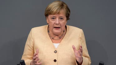 German Chancellor Angela Merkel speaks during a debate about the situation in Germany ahead of the upcoming national election in Berlin, Germany, Tuesday, Sept. 7, 2021. National elections are scheduled in Germany for Sept. 26, 2021. (AP)