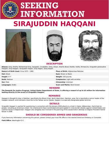 The ‘Seeking Information’ poster issued by the US Federal Bureau of Investigation for Sirajuddin Haqqani, who is Afghanistan’s newly appointed acting interior minister. (FBI/Handout via Reuters) 