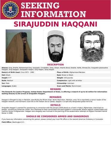 The ‘Seeking Information’ poster issued by the US Federal Bureau of Investigation for Sirajuddin Haqqani, who is Afghanistan’s newly appointed acting interior minister. (FBI/Handout via Reuters)
