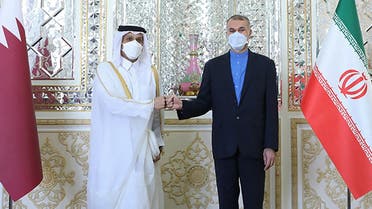 Iran's FM Hossein Amir Abdollahian (R) welcoming Qatari Deputy PM and FM Mohammed bin Abdulrahman Al Thani, in Tehran, Sept. 9, 2021. (AFP)