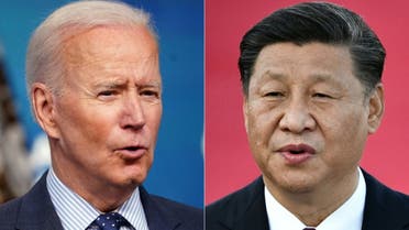 This combination of file pictures created on June 08, 2021, shows US President Joe Biden (L) speaking at the Eisenhower Executive Office Building in Washington, DC on June 2, 2021; and Chinese President Xi Jinping speaking on arrival at Macau's international airport on December 18, 2019. (AFP)