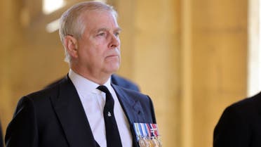 Britain's Prince Andrew, Duke of York, attends the ceremonial funeral procession of Britain's Prince Philip, Duke of Edinburgh to St George's Chapel in Windsor Castle in Windsor, west of London, on April 17, 2021. (AFP)