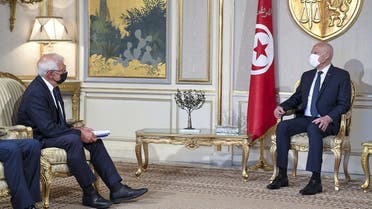 Tunisian President Kais Saied (R) meeting with High Representative of the European Union for Foreign Affairs and Security Policy Josep Borrell, at the Carthage Palace in the capital Tunis, on September 10, 2021.  (AFP)