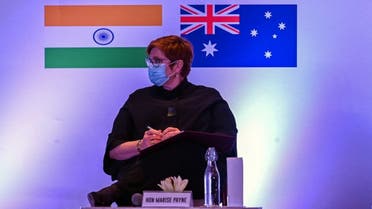 Australia Minister for Foreign Affairs and Minister for Women Marise Payne listens to a speaker before delivering the keynote Third Indo-Pacific Oration hosted by the Observer Research Foundation (ORF), in New Delhi on September 10, 2021. (AFP)