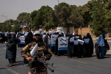 Women march in support of the Taliban government outside Kabul University, Afghanistan, on Saturday, Sept. 11, 2021. (AP)