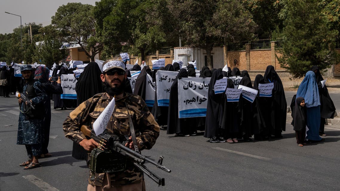 Women march in support of the Taliban government outside Kabul University, Afghanistan, on Saturday, Sept. 11, 2021. (AP)